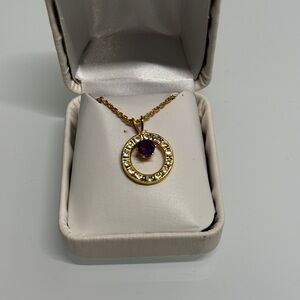 New Gold Tone Necklace Amethyst Purple Stone & Clear Rhinestones Circle Pendant